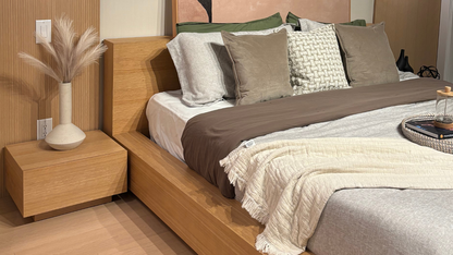 Otaleo Japandi bed in natural oak veneer with low-profile frame and thick sideboards