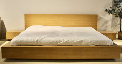 Otaleo Japandi bed in natural oak veneer with low-profile frame and thick sideboards