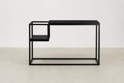 Sono Japandi console table with oak-look melamine top and black powder-coated metal frame