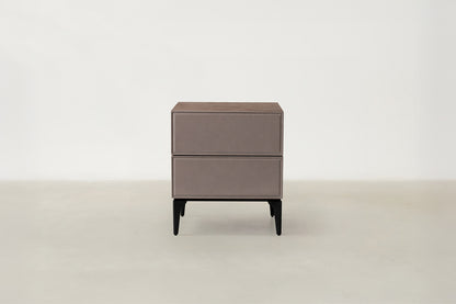 Saphton walnut veneer nightstand with glossy stone-look drawer front and black metal legs