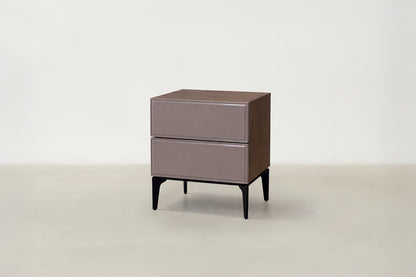 Saphton walnut veneer nightstand with glossy stone-look drawer front and black metal legs