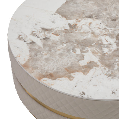 Sassaste luxury round coffee table with faux-marble top, quilted PU leather base, and gold accent banding.