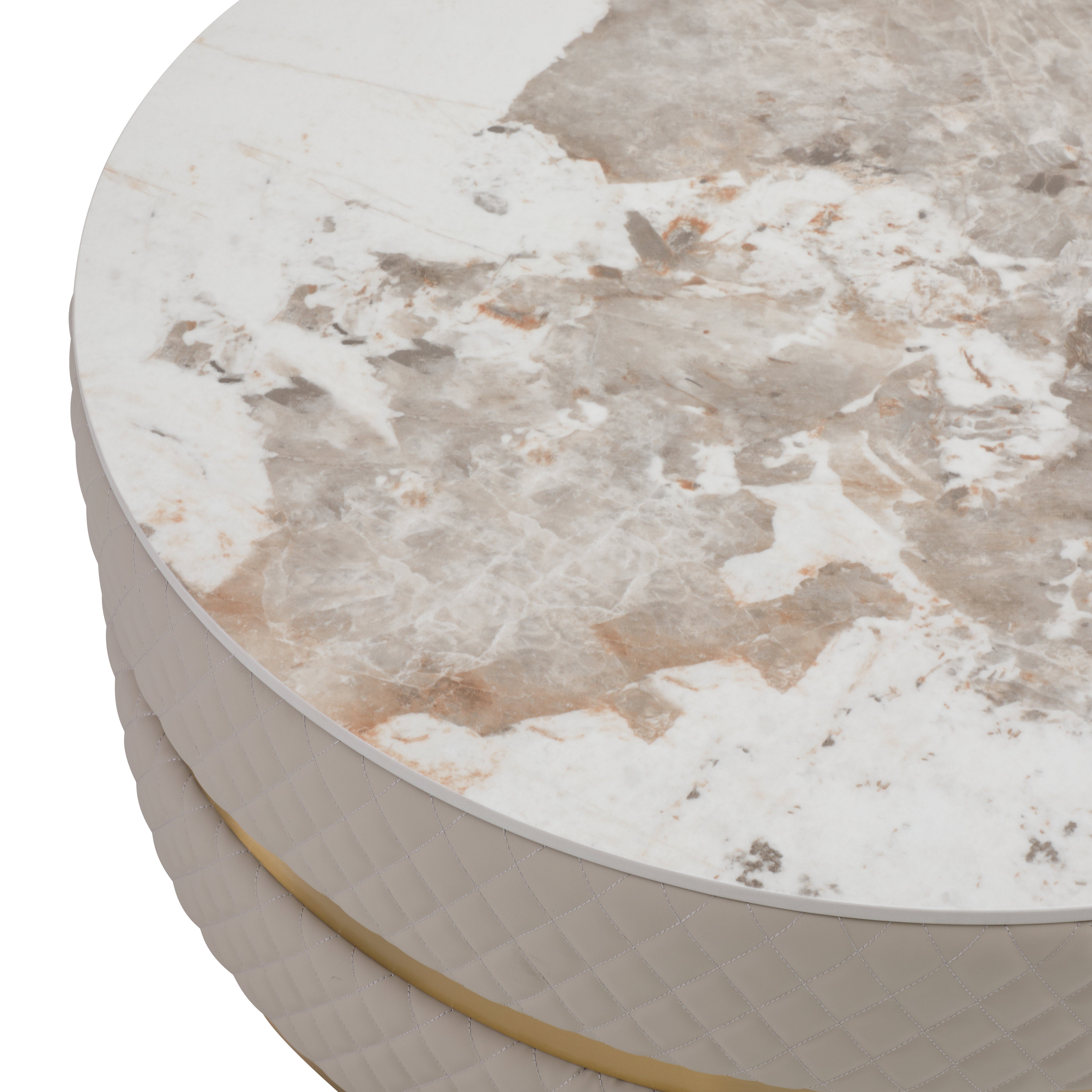 Sassaste luxury round coffee table with faux-marble top, quilted PU leather base, and gold accent banding.