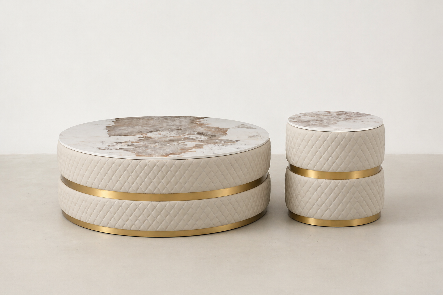 Sassaste luxury round end table with faux-marble top, quilted PU leather base, and gold accent banding.