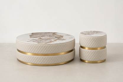 Sassaste luxury round end table with faux-marble top, quilted PU leather base, and gold accent banding.