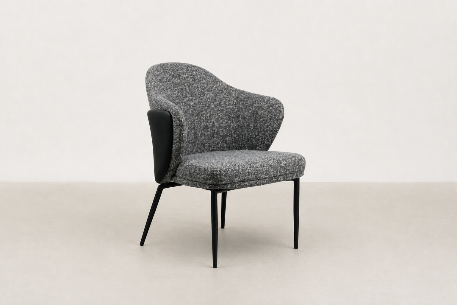 "Sitifis modern curved back dining chair in grey fabric with taupe faux leather back and black steel legs.
"