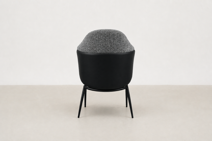 "Sitifis modern curved back dining chair in grey fabric with taupe faux leather back and black steel legs.
"
