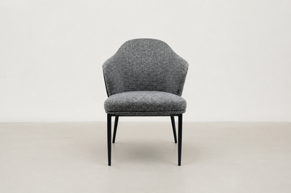 "Sitifis modern curved back dining chair in grey fabric with taupe faux leather back and black steel legs.
"
