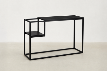 Sono Japandi console table with oak-look melamine top and black powder-coated metal frame