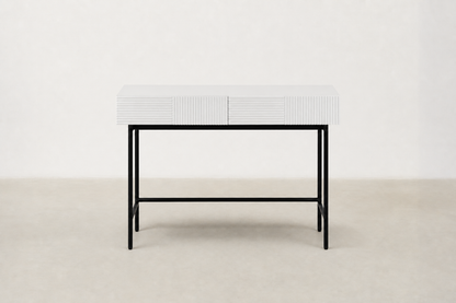 Strabury console table with fluted drawer fronts, two drawers, and black powder-coated metal legs