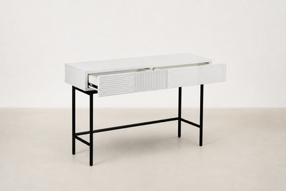 Strabury console table with fluted drawer fronts, two drawers, and black powder-coated metal legs
