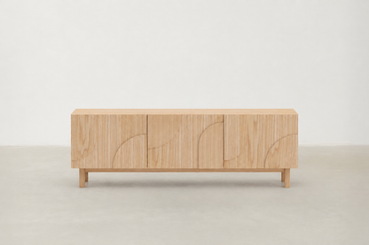 Troivat oak TV stand with circular laser-cut doors and tapered legs.