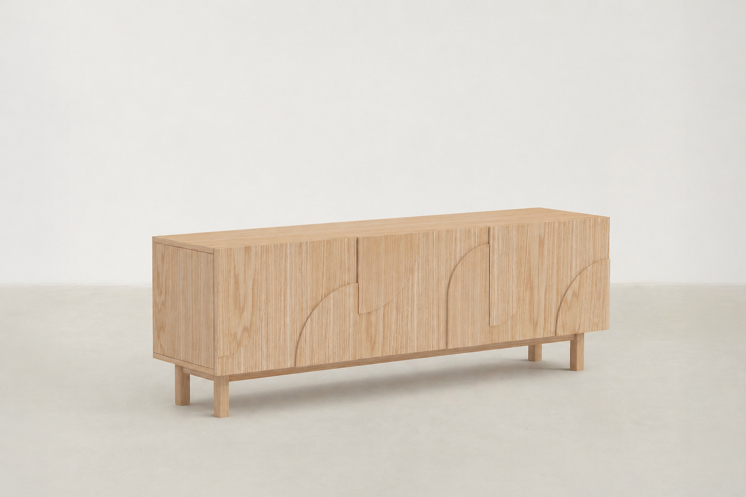 Troivat oak TV stand with circular laser-cut doors and tapered legs.