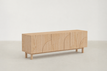 Troivat oak TV stand with circular laser-cut doors and tapered legs.