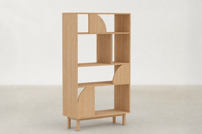 "Treselis oak wood shelving unit with curved geometric cutouts and modular display design.
"
