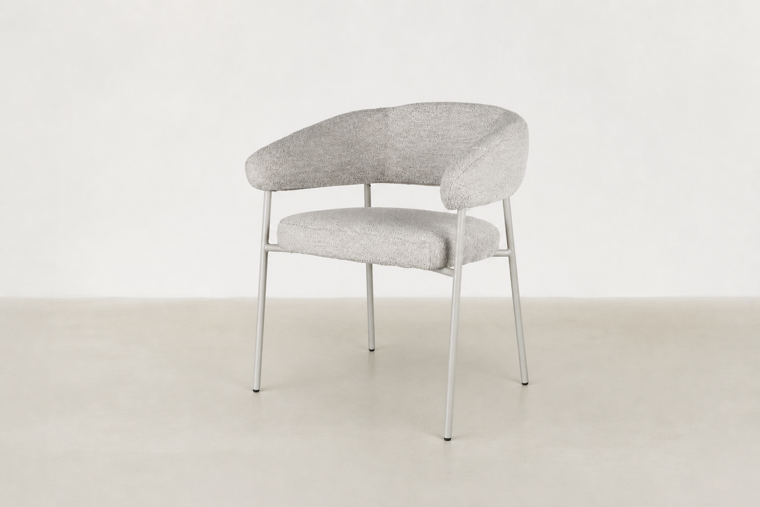 Front view of Vista dining chair in beige textured fabric with curved backrest