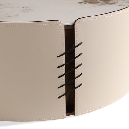 Gafande round nesting coffee table set with sintered stone tops and vegan leather sides – modern Canadian furniture