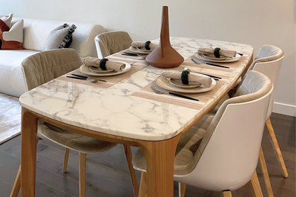 Maldola dining table with Carrara marble top and oak wood base in Japandi style