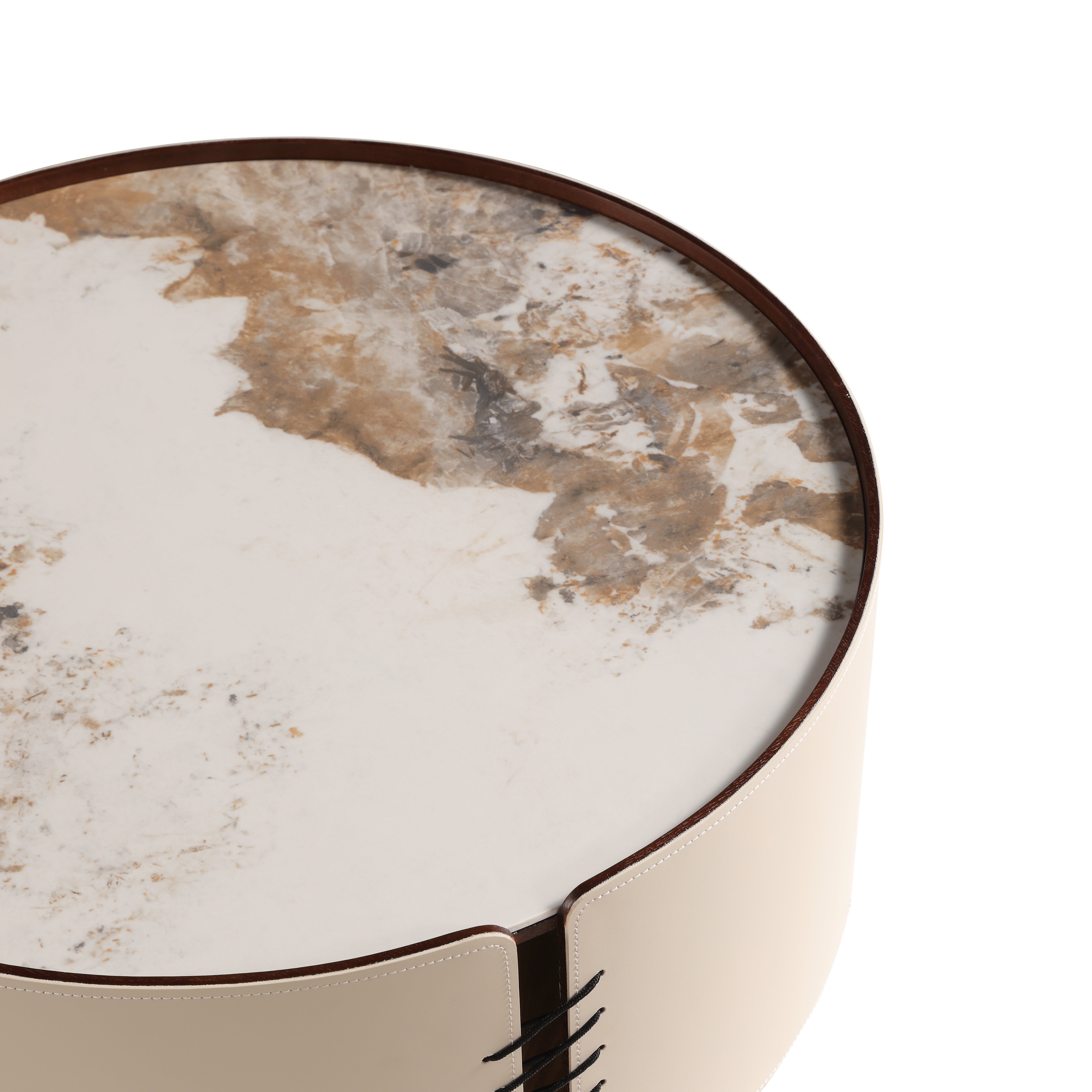 Gafande round nesting coffee table set with sintered stone tops and vegan leather sides – modern Canadian furniture