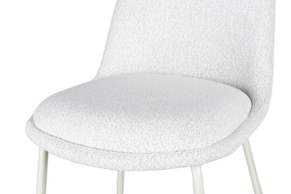 Bouclé dining chair with curved backrest and white metal legs – Aura chair for Canadian interiors